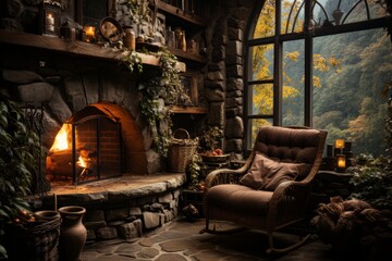 Fantasy tiny storybook style home interior cottage with rustic accents and a large round cozy - obrazy, fototapety, plakaty