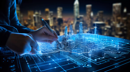 3D image of human's hand using a pen writing on a digital blueprint with cityscape on a futuristic interface background