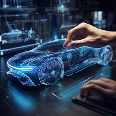 3D image of human's hand using a pen drawing on a digital blueprint with futuristic concept car on a futuristic interface background