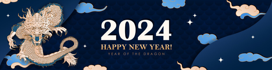 Blue panoramic banner with hand drawn paper cut clouds, stars and golden Chinese dragon zodiac sign  for 2024 New Year. Layered header in asian style. Christmas craft billboard or greeting card