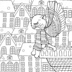  A cute angel kitten with wings sits on a balcony looking out over the city. Snow. Christmas, New Year. Black and White Adult Coloring Book Page. Doodle.