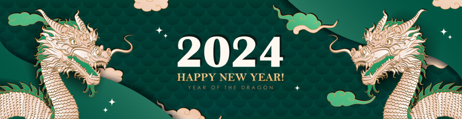Green luxury header with hand drawn paper cut Chinese Dragon as a traditional symbol of 2024 New year. Panoramic banner with asian decoration- clouds, stars, dragon scales. Christmas layered billboard