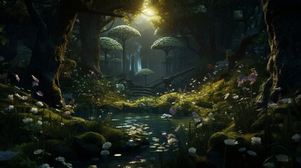 A secret garden with Euphorbia as tall as trees, creating a surreal, glowing forest, full ultra HD,...