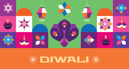 Traditional Indian festival Diwali. Happy Festival of lights Deepavali Template  banner, poster, greeting card Festive Burning diya graphic design background Vector abstract flat illustration