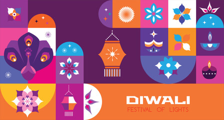 Traditional Indian festival Diwali. Happy Festival of lights Deepavali Template  banner, poster, greeting card Festive Burning diya graphic design background Vector abstract flat illustration