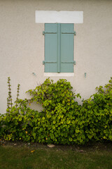 Blue wooden shutters window on the beige country side building in France