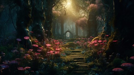 A secret garden with Euphorbia as tall as trees, creating a surreal, glowing forest, full ultra HD, high resolution