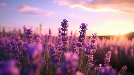 A serene field of luminous lavender flowers basking in the soft, golden glow of the setting sun.