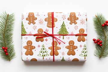 Christmas present with gift wrapping printed with gingerbread design, Christmas tree and fir branches