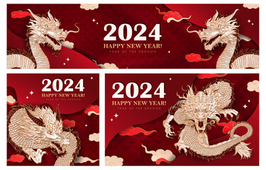 Red web banners with hand drawn paper cut clouds, stars and golden Chinese dragon zodiac sign  for 2024 New Year. Craft greeting cards in asian style. Christmas layered posters for Year of the dragon