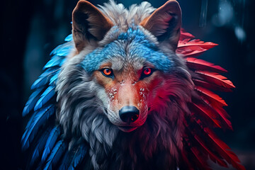 A blue and red wolf covered in peacock feathers.