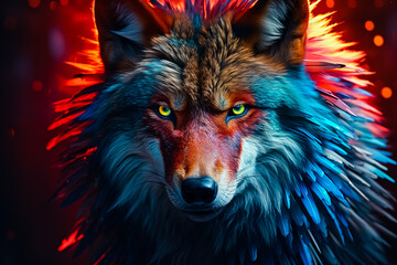 A blue and red wolf covered in peacock feathers.