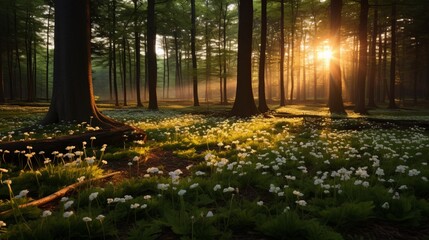 A serene forest at twilight with a carpet of Twilight Trillium flowers covering the ground. The...