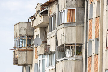 Balcony from old apartment block from communist era in Eastern Europe. Communist socialist...