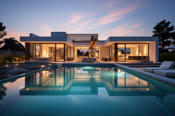 Fototapeta premium Minimalist cubic house exterior with swimming pool, modern country house, seaside holiday in modern villa, sunset view