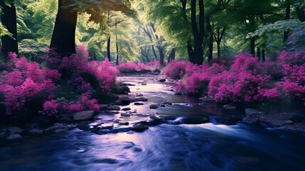 A serene forest landscape dominated by the color Velvet Violet, with lush trees, a tranquil stream,...