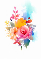 Watercolour painting — pink roses in a flower arrangement, isolated on white paper, scanned style illustration in bright light colours