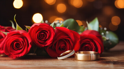 Wedding ring and red roses background, Romantic, Happy Valentine Day, Anniversary. Generative AI