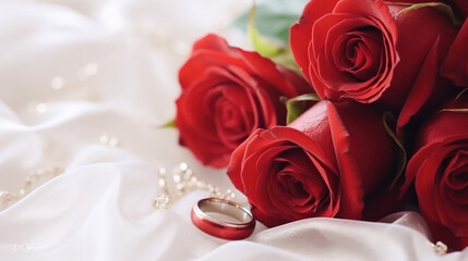 Wedding ring and red roses background, Romantic, Happy Valentine Day, Anniversary. Generative AI
