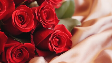 Romantic bouquet of red roses on fabric background, Valentine Day, Anniversary, Wedding, Copy space for text. Generative AI