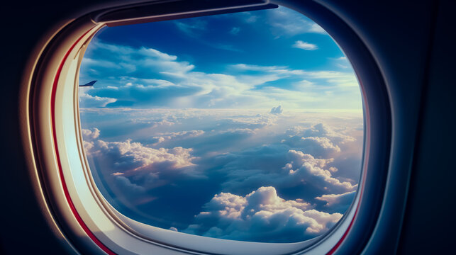 Airplain wing view window in the sky. Clouds and sky as seen through porthole of an aircraft with airplane's wing.