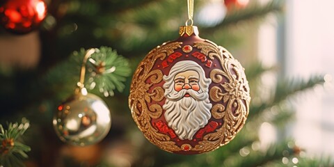 A Festive Christmas Delight: Santa Claus Ornament Adorns a Twinkling Tree