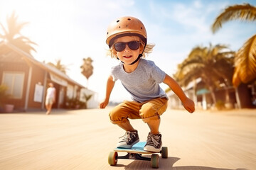 cute little boy in helmet riding skateboard on beach at sunset - obrazy, fototapety, plakaty