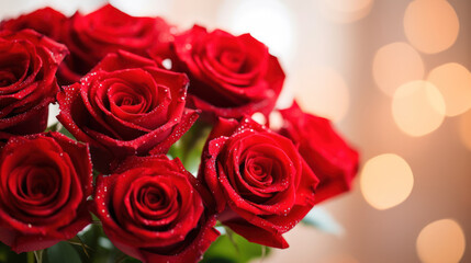 Romantic bouquet of red roses on bokeh background, Valentine Day, Anniversary, Wedding, Copy space for text. Generative AI