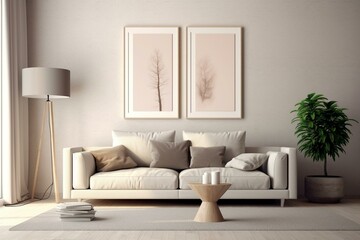 Minimalistic living room with neutral tones, large lamp, and nature view. Three picture frames adorn the space. High-Quality 3D illustration. Generative AI