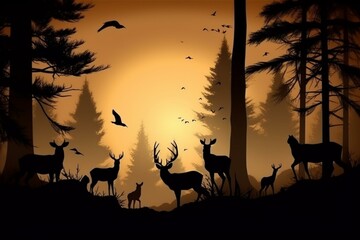 Silhouettes of animals in the forest. Generative AI