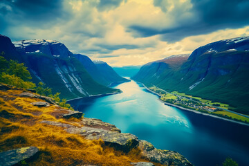 Naklejka na ściany i meble Beautiful view of the fjord in Norway. Nature and travel background.