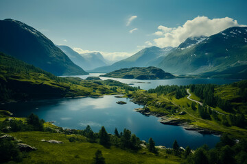 Beautiful view of the fjord in Norway. Nature and travel background.