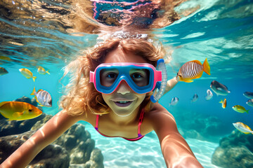 Cute little girl snorkeling underwater in tropical sea.