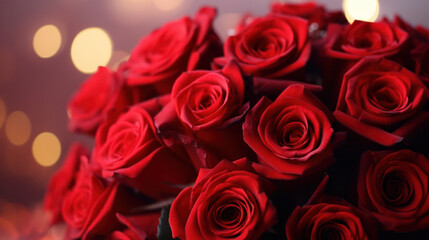 Romantic bouquet of red roses on bokeh background, Valentine Day, Anniversary, Wedding, Copy space for text. Generative AI