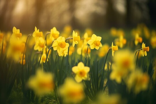 A blurred image of vibrant yellow daffodils in springtime. Generative AI
