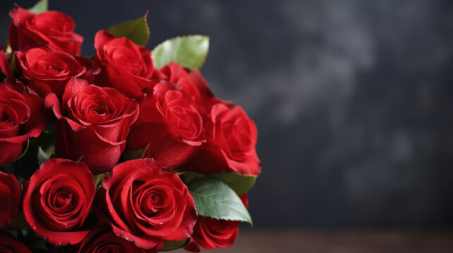 Romantic bouquet of red roses on blurry black background, Happy Valentine Day, Love, Anniversary Celebration, Copy space. Generative AI