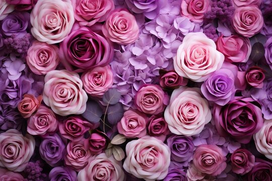 Vibrant floral wallpaper adorned with assorted blossoms. Lovely Valentine's Day backdrop featuring mauve roses. Generative AI