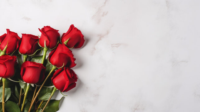 Romantic bouquet of red roses on white marble background, Happy Valentine Day, Love, Anniversary Celebration, Copy space. Generative AI