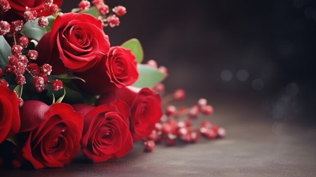 Romantic bouquet of red roses on blurry black background, Happy Valentine Day, Love, Anniversary Celebration, Copy space. Generative AI