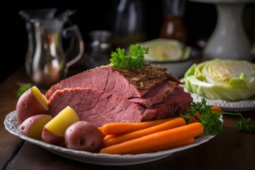 Close-up of a traditional Irish corned beef and cabbage dish on St. Patrick's Day. Generative AI
