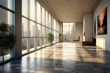 Contemporary office walkway, featuring a blank poster, furniture, window, and urban landscape. Digitally created visualization. Generative AI