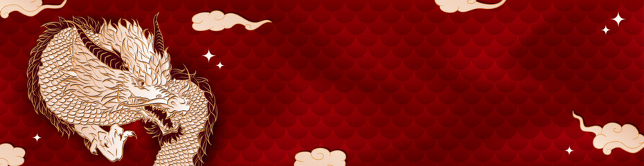 Template of red panoramic banner with golden chinese dragon, clouds, stars, dragon scales and empty space for text. New Year 2024, Christmas blank header in asian style. 