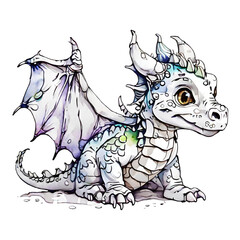 Cute baby dragon isolated on a white background. Fairytale monster. Watercolor illustration.