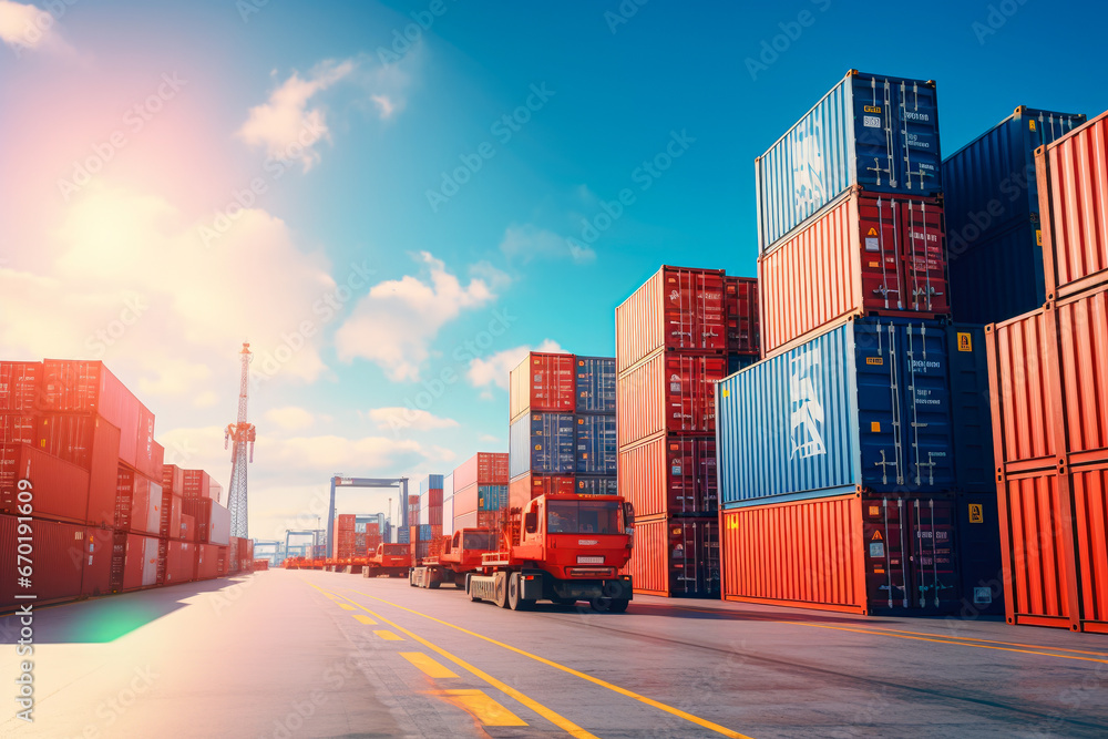 Poster containers at the docks for logistic import export business background.