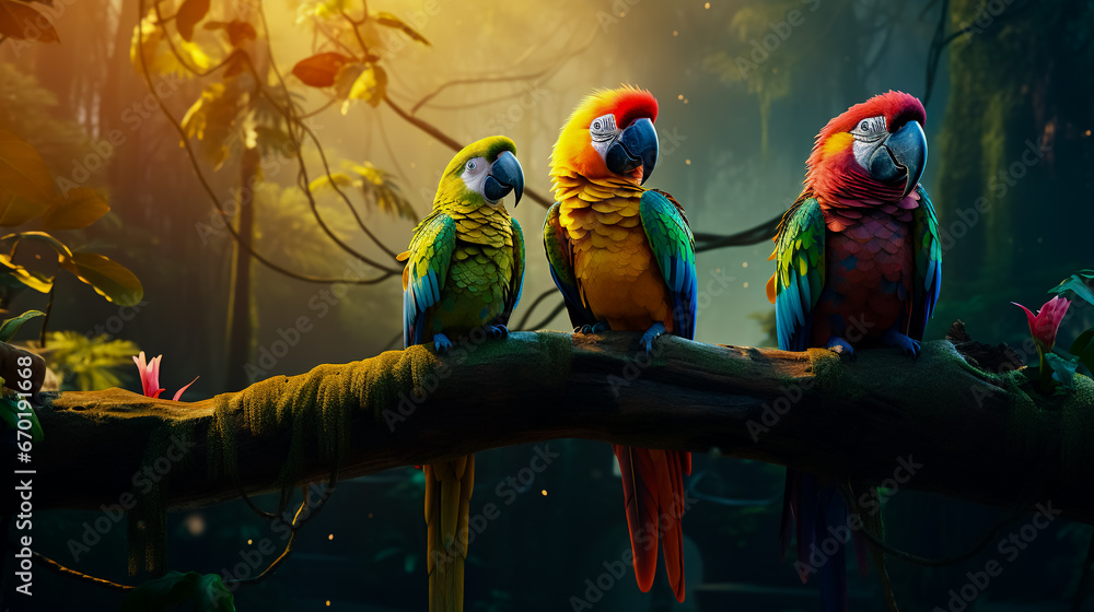 Wall mural brightly colored parrots sit on branches in the jungle.