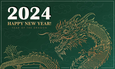 Holiday banner with hand drawn clouds and Asian dragon for 2024 Lunar New Year. Dragon as Chinese traditional horoscope sign on green background. Minimalist greeting card with mascot for Christmas - obrazy, fototapety, plakaty