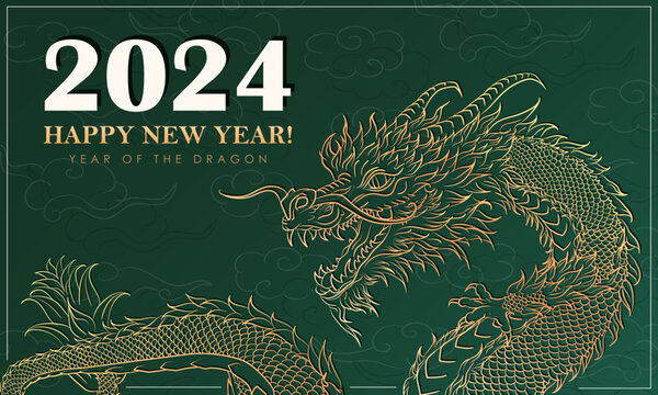 Holiday banner with hand drawn clouds and Asian dragon for 2024 Lunar New Year. Dragon as Chinese traditional horoscope sign on green background. Minimalist greeting card with mascot for Christmas