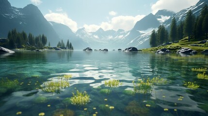 A serene lake surrounded by towering mountains, with Celestial Celandine blossoms floating on the...