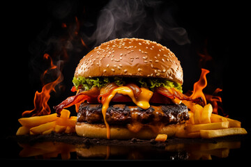Beef burger with french fries isolated on black background. Photo for the menu.