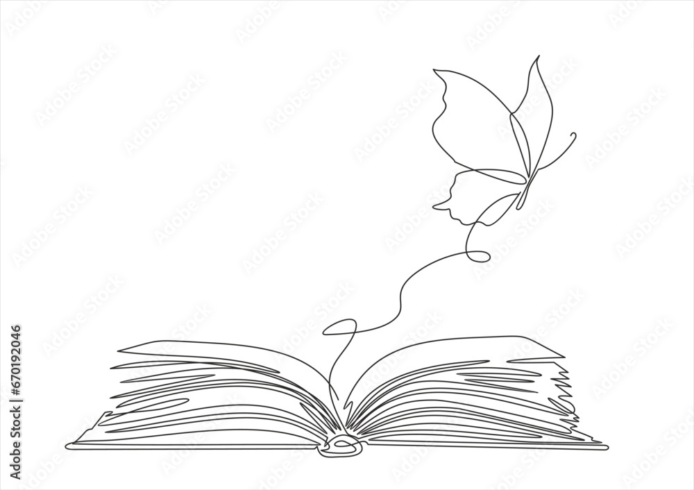 Poster continuous one line drawing of open book with flying butterfly. vector illustration on white backgro